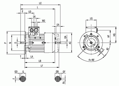 Габаритные и присоединительные размеры электродвигателя 1LA9 с 56 по 90 габарит (IMB5-фланец)