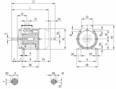 Габаритные и присоединительные размеры электродвигателя 1LA7 с 100 по 160 габарит (IMB3 - лапы)