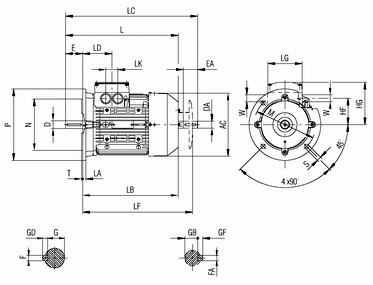 Габаритные и присоединительные размеры электродвигателя 1LA9 с 100 по 160 габарит (IMB5-фланец)